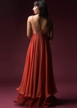 Coral Anarkali Suit With Geometric Shaped Mirror Accented Bodice And Fun Layered Hemline