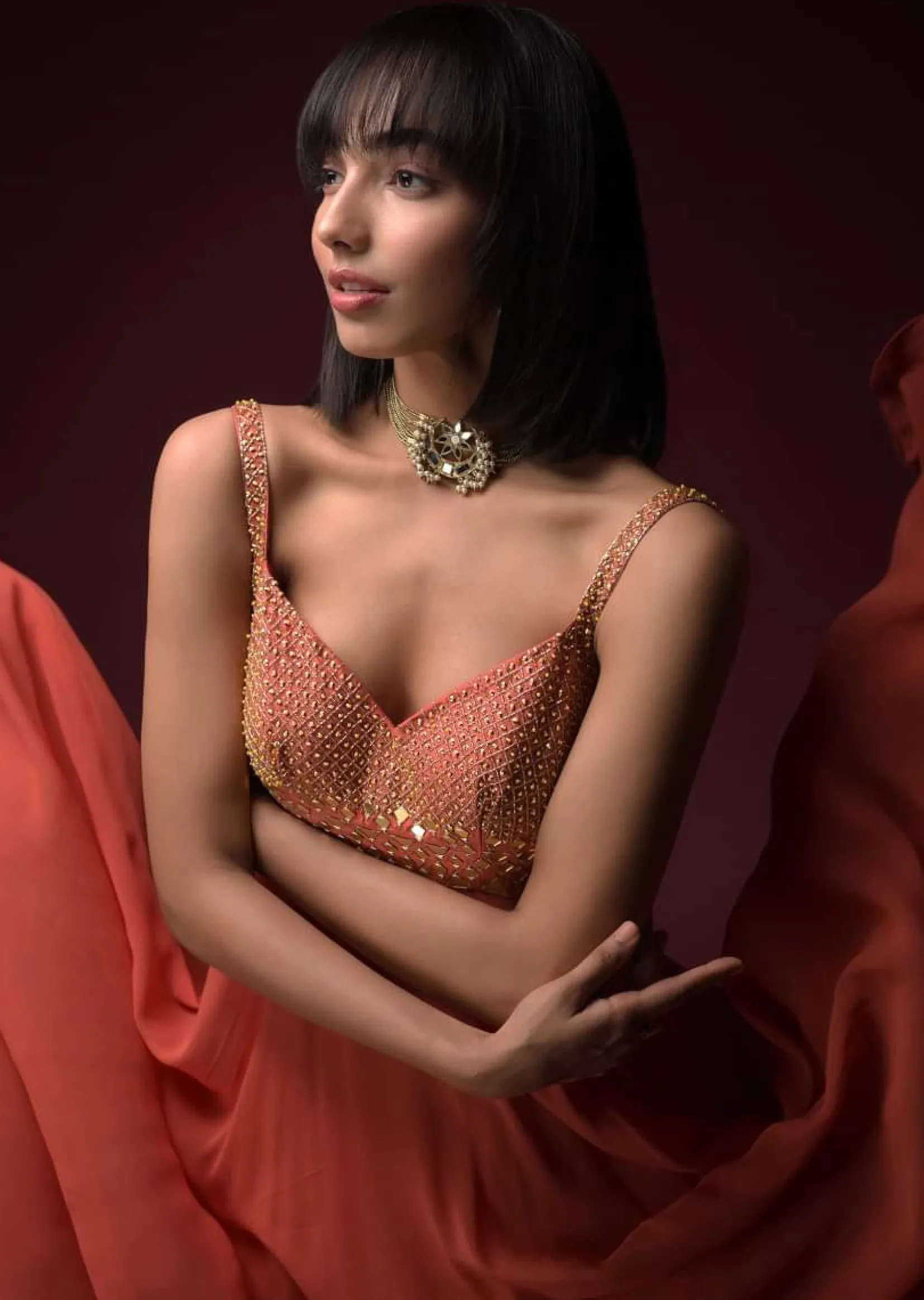Coral Anarkali Suit With Geometric Shaped Mirror Accented Bodice And Fun Layered Hemline