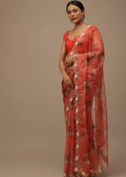 Coral Embroidered Saree In Organza With Vibrant Floral Print