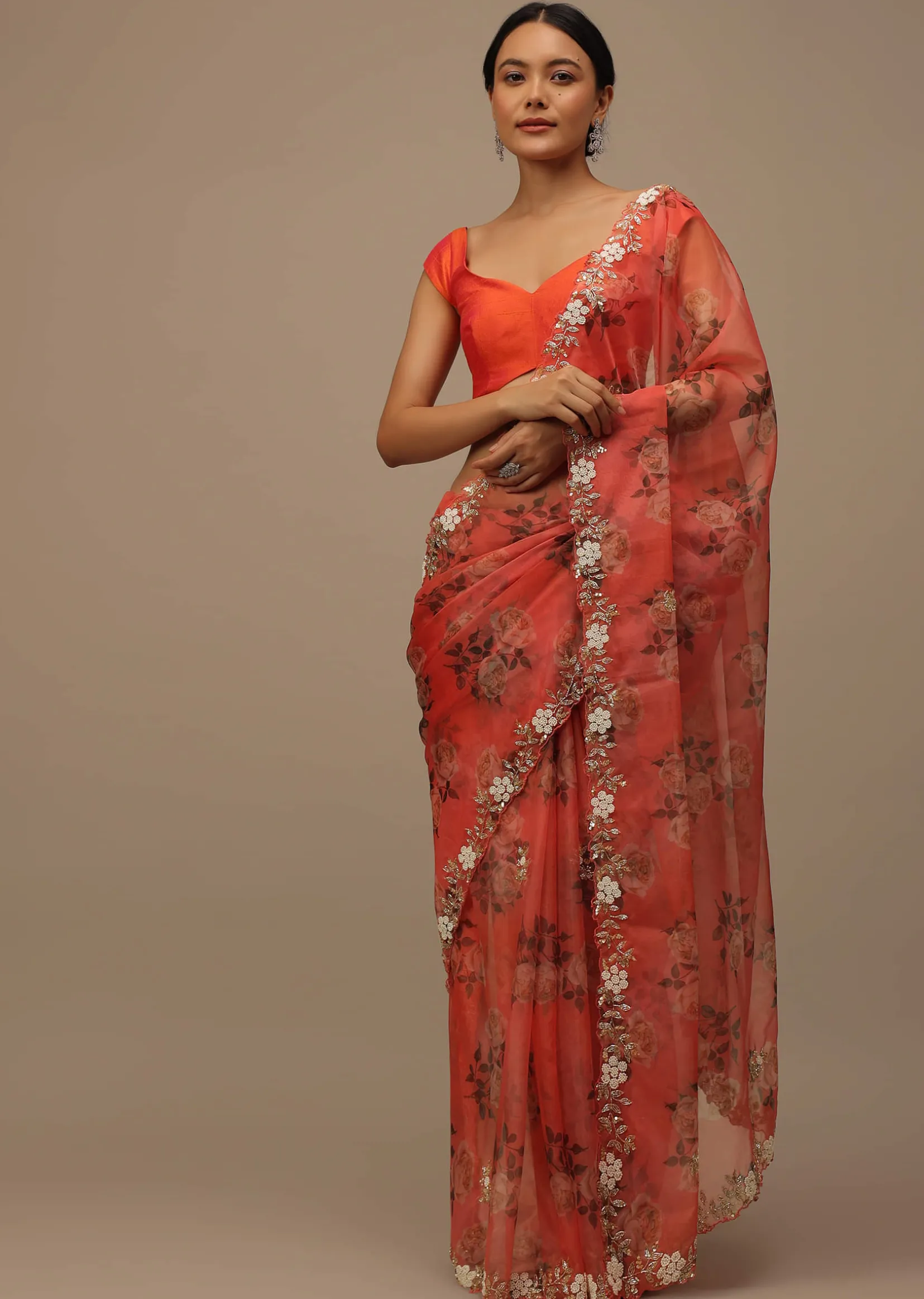 Coral Embroidered Saree In Organza With Vibrant Floral Print