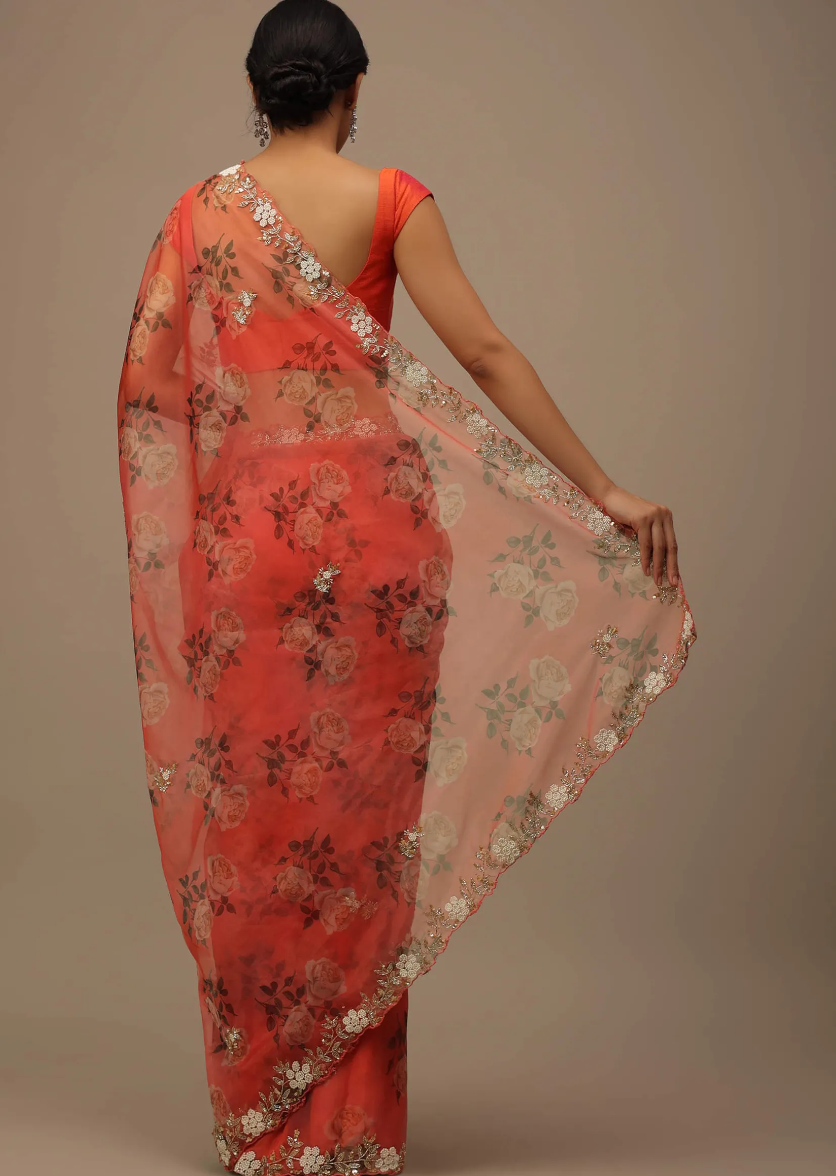 Coral Embroidered Saree In Organza With Vibrant Floral Print