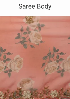 Coral Embroidered Saree In Organza With Vibrant Floral Print