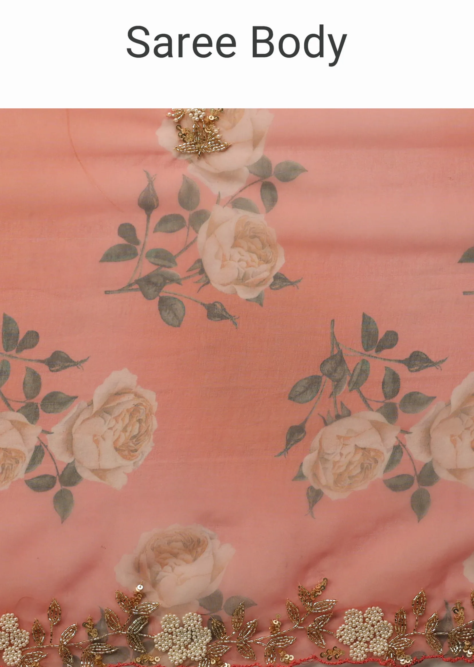 Coral Embroidered Saree In Organza With Vibrant Floral Print