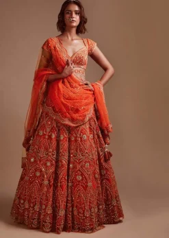 Coral Orange Lehenga Choli In Net With Mirror And Sequins Embroidered Floral And Mughal Embroidery Along With Belt Detailing