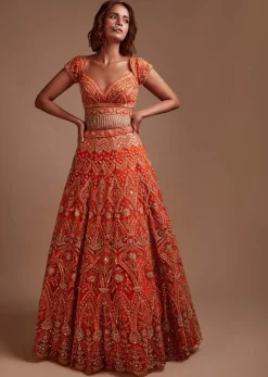 Coral Orange Lehenga Choli In Net With Mirror And Sequins Embroidered Floral And Mughal Embroidery Along With Belt Detailing
