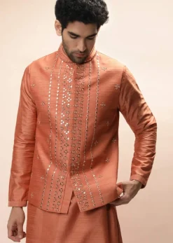Coral Peach Nehru Jacket And Kurta Set With Resham And Mirror Embroidered Buttis And Stripe Design