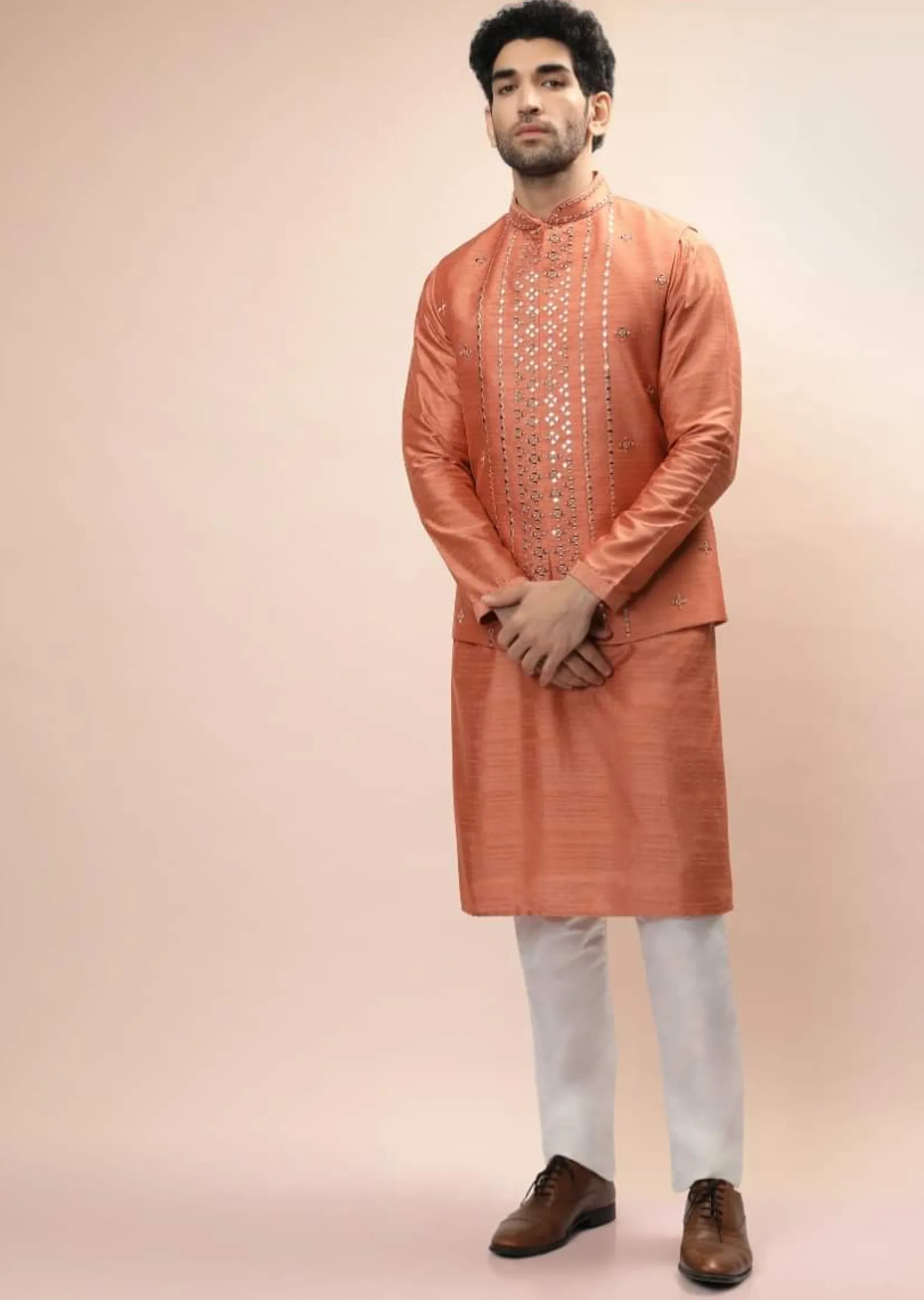 Coral Peach Nehru Jacket And Kurta Set With Resham And Mirror Embroidered Buttis And Stripe Design