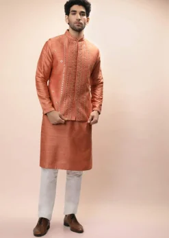 Coral Peach Nehru Jacket And Kurta Set With Resham And Mirror Embroidered Buttis And Stripe Design