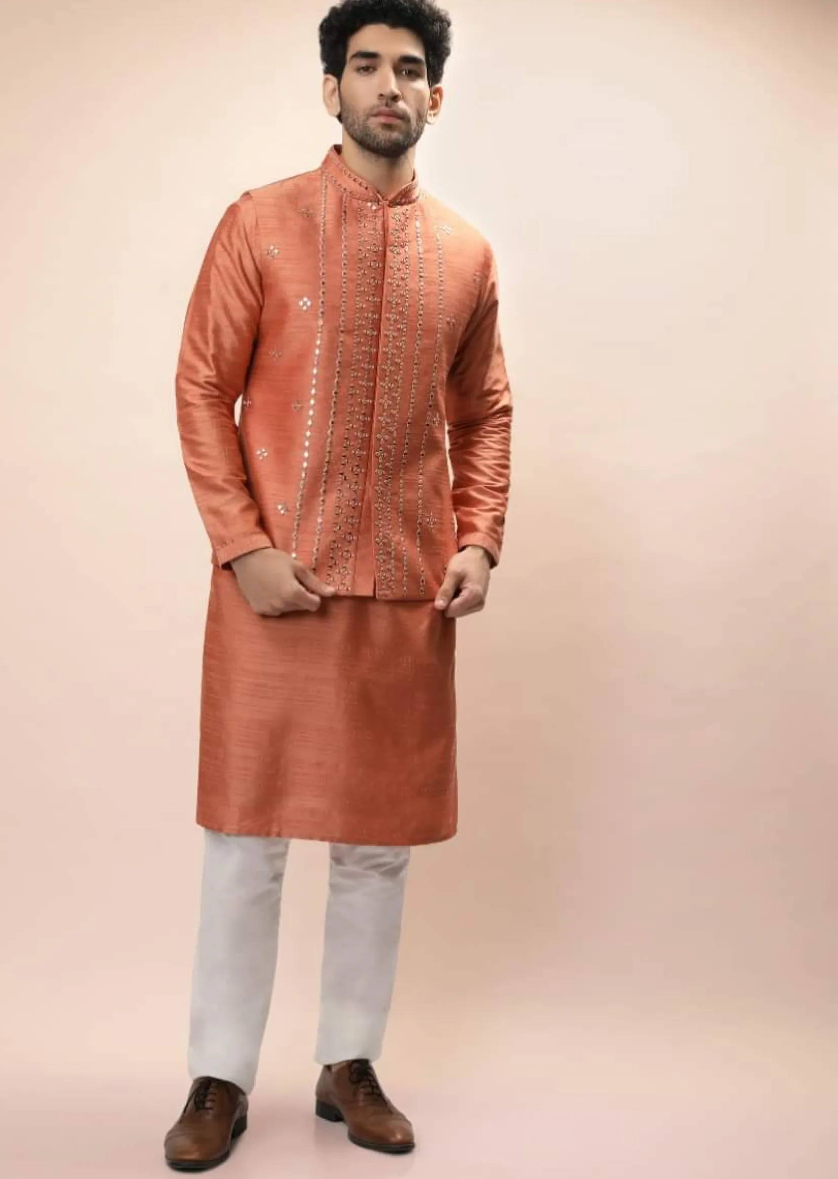 Coral Peach Nehru Jacket And Kurta Set With Resham And Mirror Embroidered Buttis And Stripe Design