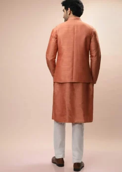 Coral Peach Nehru Jacket And Kurta Set With Resham And Mirror Embroidered Buttis And Stripe Design