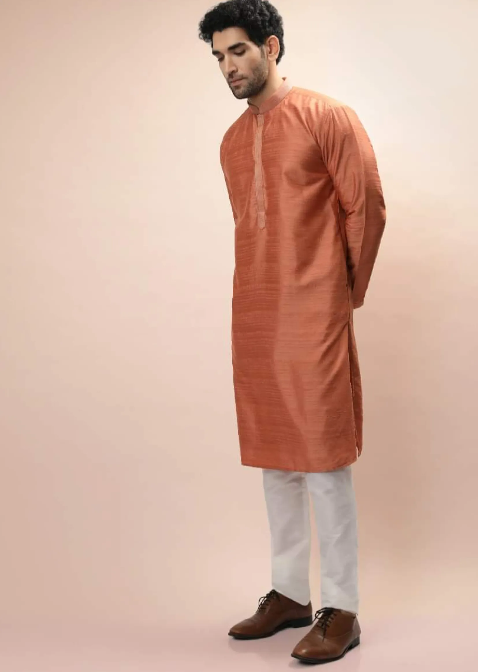Coral Peach Nehru Jacket And Kurta Set With Resham And Mirror Embroidered Buttis And Stripe Design