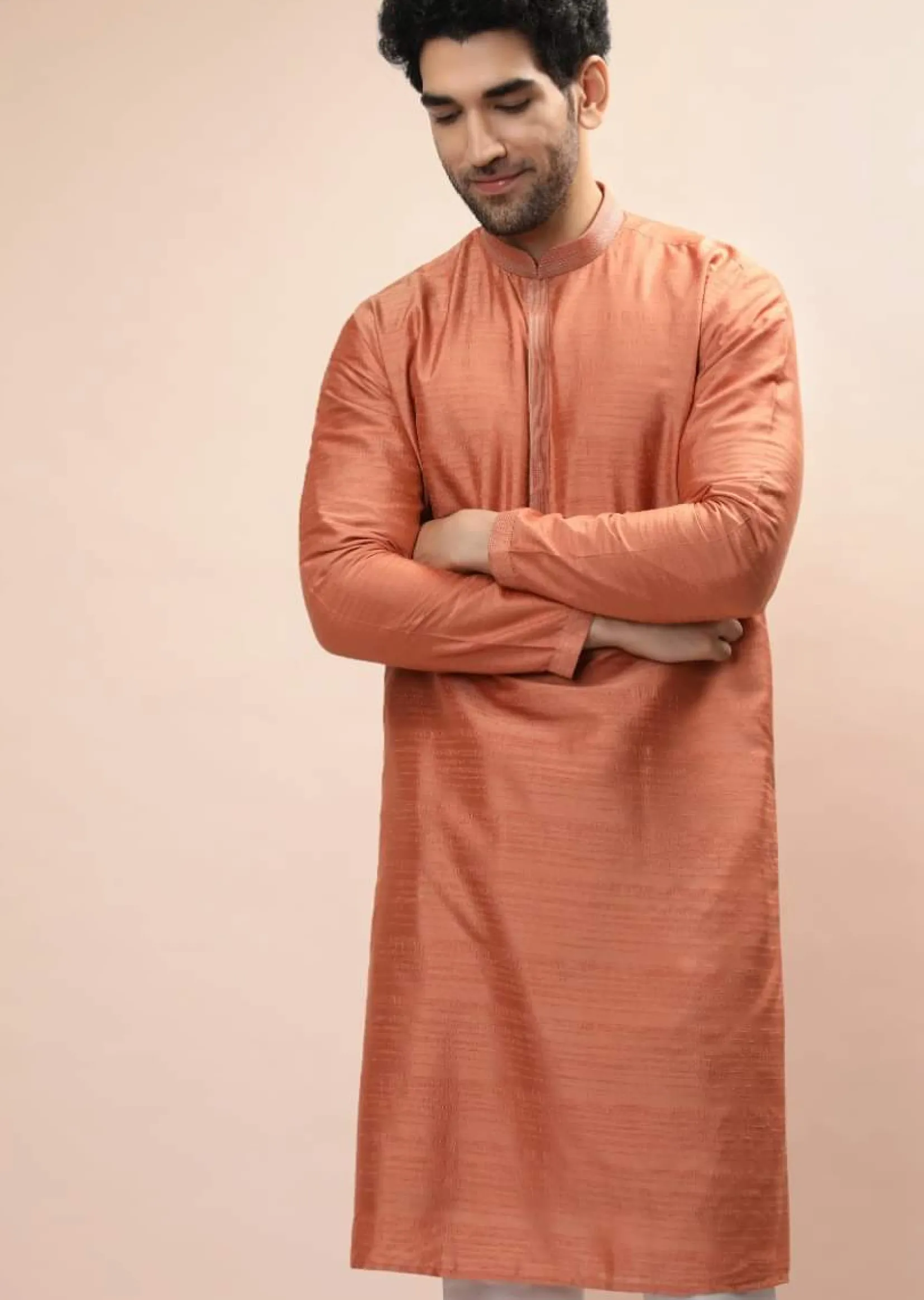 Coral Peach Nehru Jacket And Kurta Set With Resham And Mirror Embroidered Buttis And Stripe Design