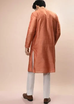 Coral Peach Nehru Jacket And Kurta Set With Resham And Mirror Embroidered Buttis And Stripe Design