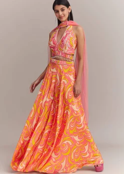 Coral Pink Crepe Abstract Printed Embroidered Palazzo Set