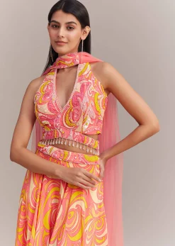 Coral Pink Crepe Abstract Printed Embroidered Palazzo Set