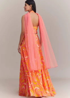 Coral Pink Crepe Abstract Printed Embroidered Palazzo Set