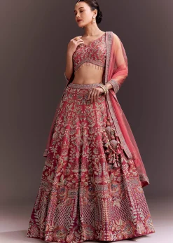 Coral Pink Embroidered Lehenga Set With Net Dupatta