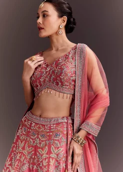Coral Pink Embroidered Lehenga Set With Net Dupatta