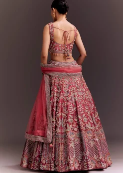 Coral Pink Embroidered Lehenga Set With Net Dupatta