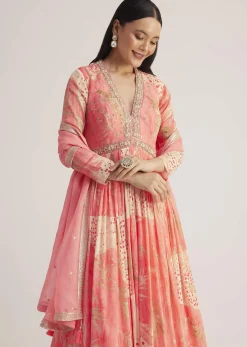 Coral Pink Printed Anarkali With Organza Dupatta