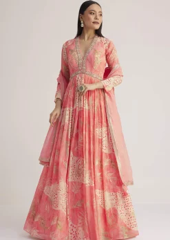 Coral Pink Printed Anarkali With Organza Dupatta
