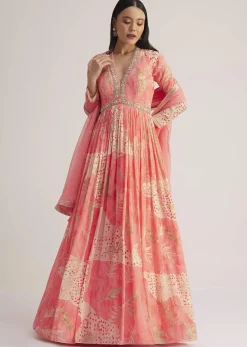 Coral Pink Printed Anarkali With Organza Dupatta