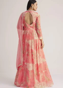 Coral Pink Printed Anarkali With Organza Dupatta