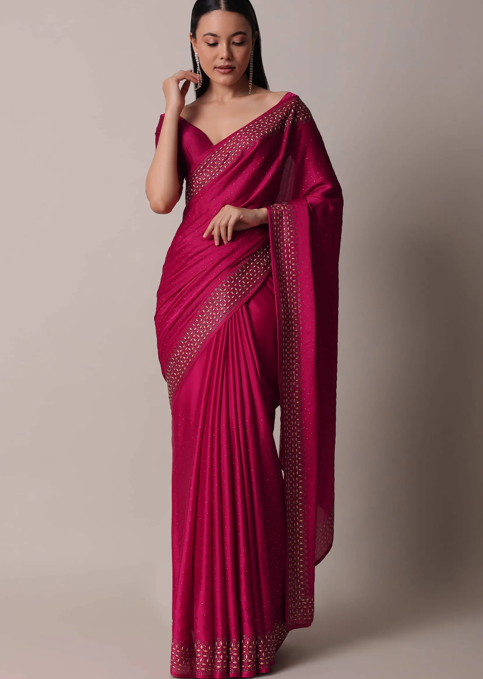 Coral Saree In Satin With Gold Embellishments And Unstitched Blouse Piece