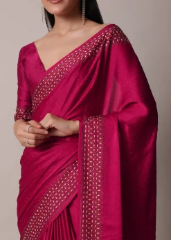 Coral Saree In Satin With Gold Embellishments And Unstitched Blouse Piece