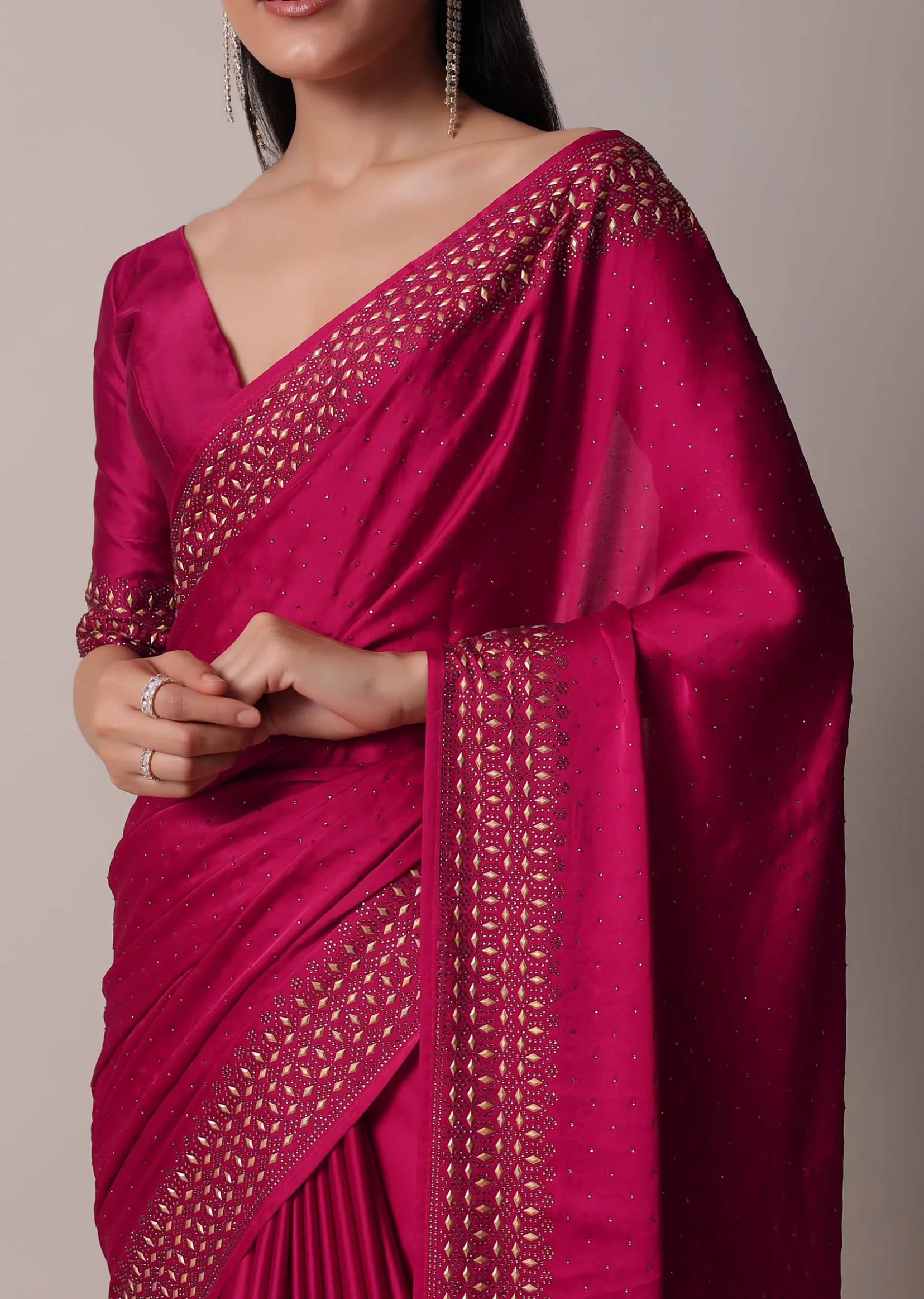 Coral Saree In Satin With Gold Embellishments And Unstitched Blouse Piece