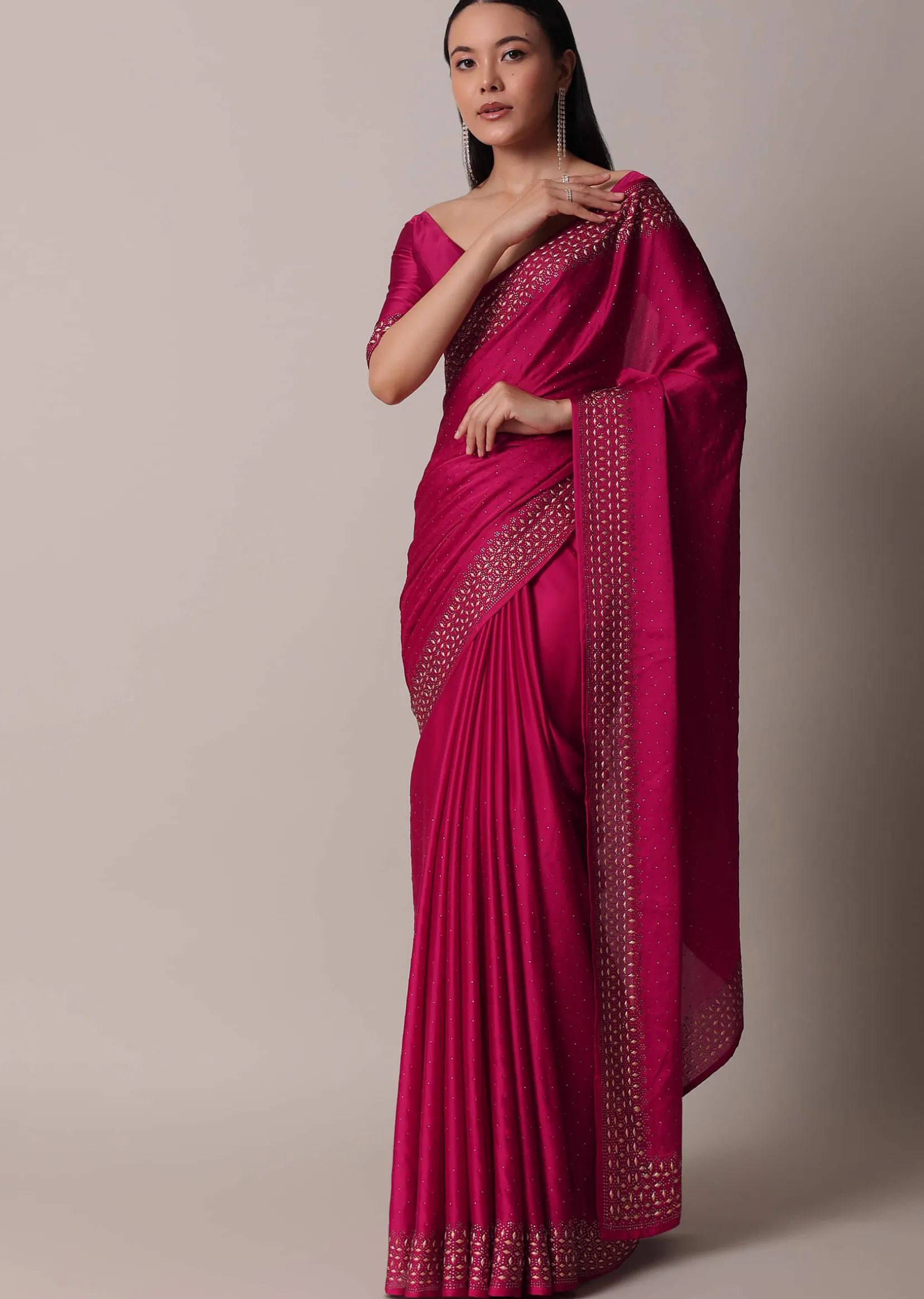 Coral Saree In Satin With Gold Embellishments And Unstitched Blouse Piece