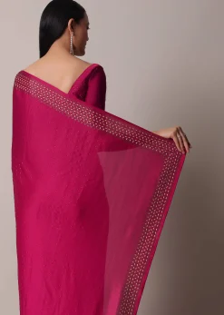 Coral Saree In Satin With Gold Embellishments And Unstitched Blouse Piece