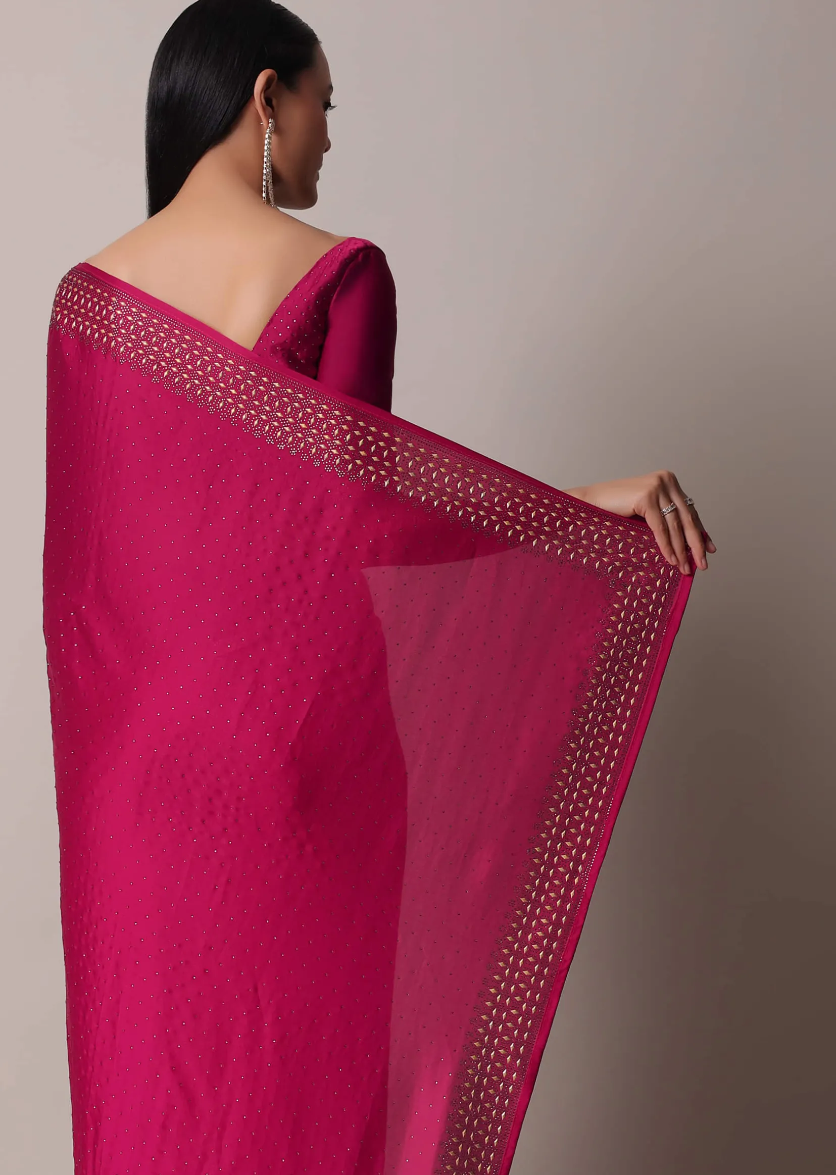 Coral Saree In Satin With Gold Embellishments And Unstitched Blouse Piece