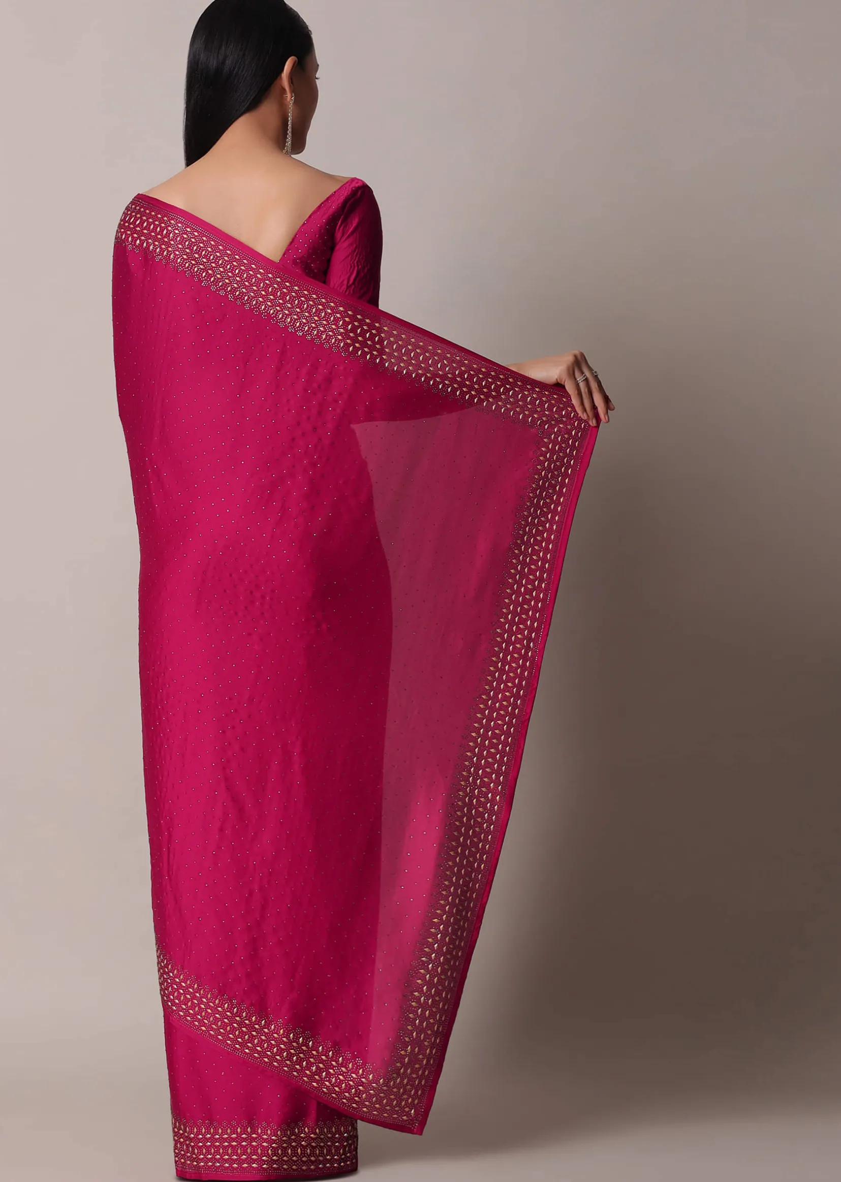 Coral Saree In Satin With Gold Embellishments And Unstitched Blouse Piece