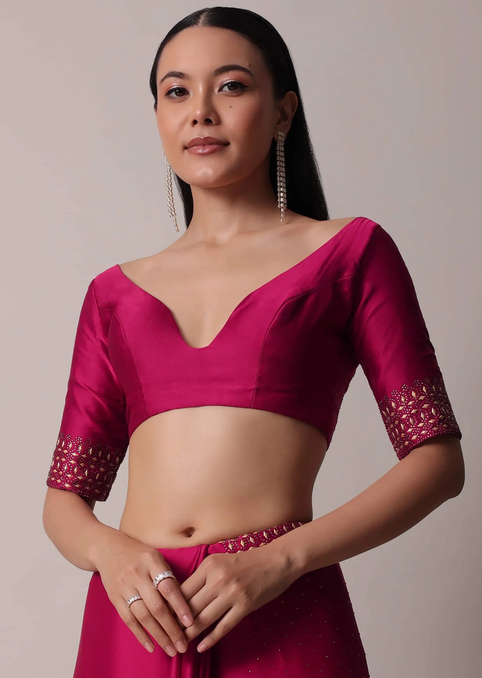 Coral Saree In Satin With Gold Embellishments And Unstitched Blouse Piece
