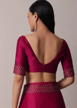 Coral Saree In Satin With Gold Embellishments And Unstitched Blouse Piece