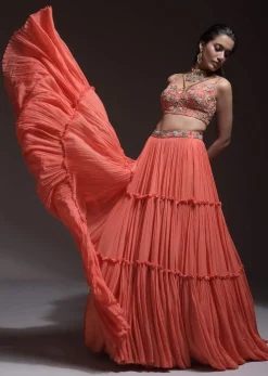Coral Tiered Skirt And Crop Top With Cutdana Embellished Floral Blossoms And Ruffle Dupatta