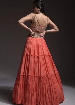 Coral Tiered Skirt And Crop Top With Cutdana Embellished Floral Blossoms And Ruffle Dupatta