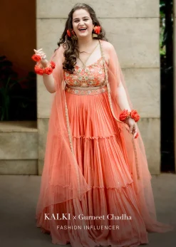 Coral Tiered Skirt And Crop Top With Cutdana Embellished Floral Blossoms And Ruffle Dupatta