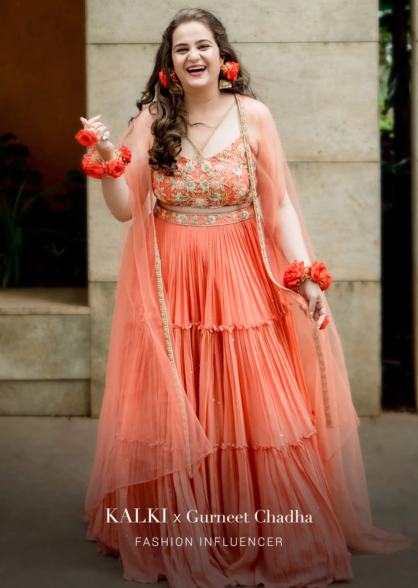 Coral Tiered Skirt And Crop Top With Cutdana Embellished Floral Blossoms And Ruffle Dupatta