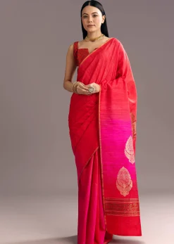 Corel Red Kora Silk Handloom Saree With Woven Traditional Motif