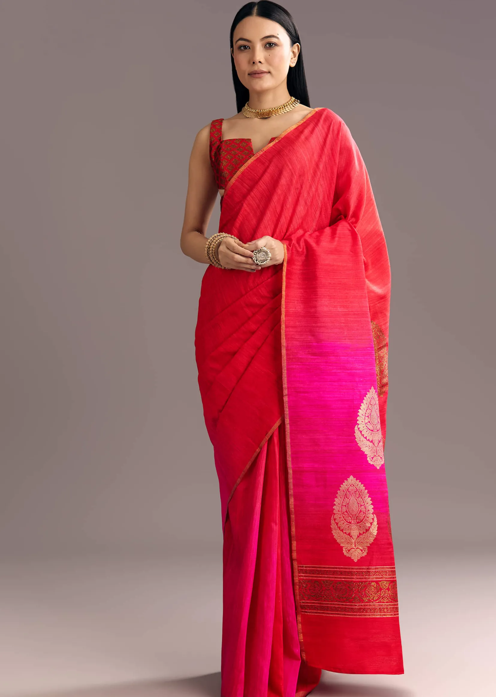 Corel Red Kora Silk Handloom Saree With Woven Traditional Motif