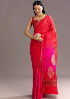 Corel Red Kora Silk Handloom Saree With Woven Traditional Motif