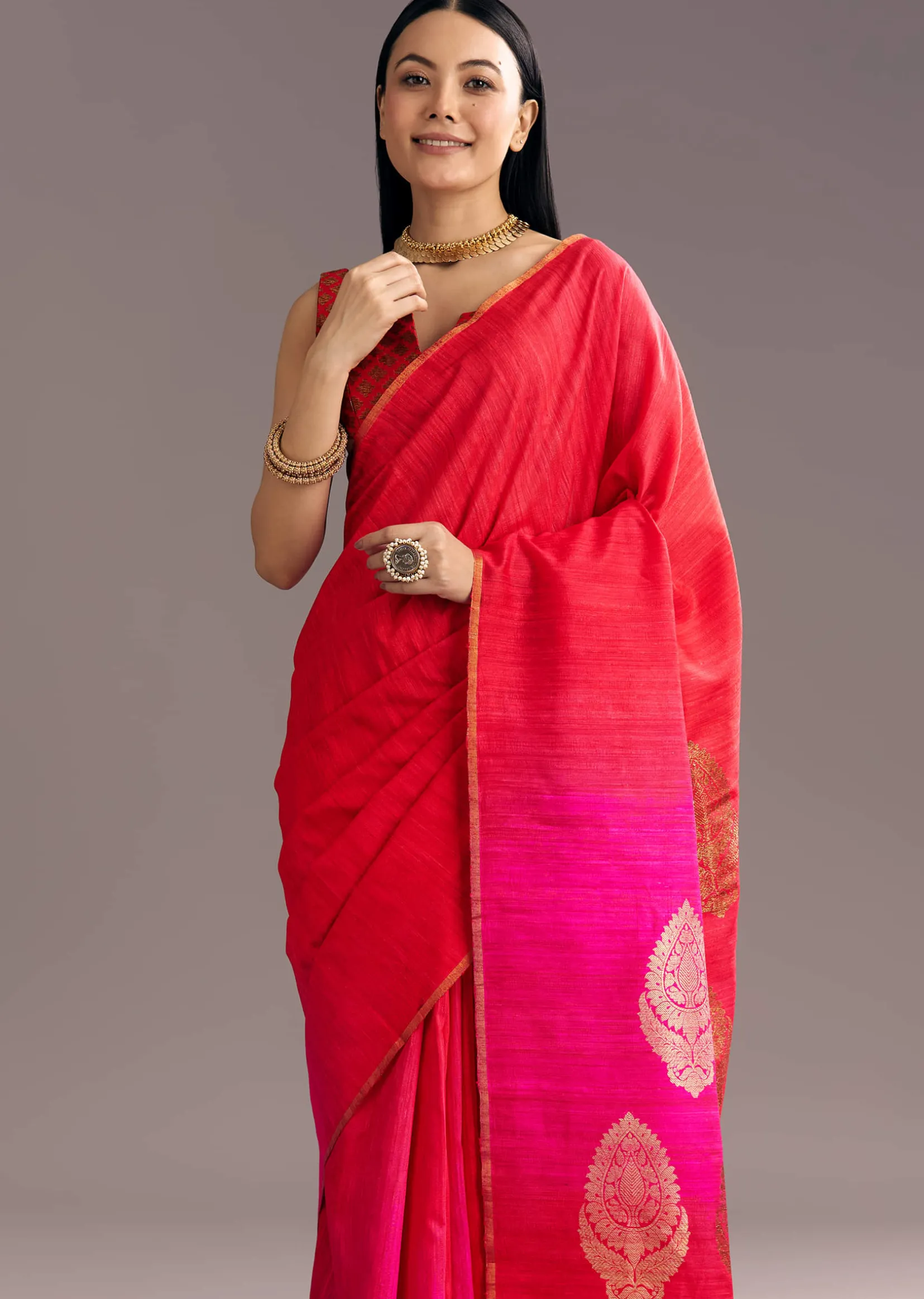 Corel Red Kora Silk Handloom Saree With Woven Traditional Motif
