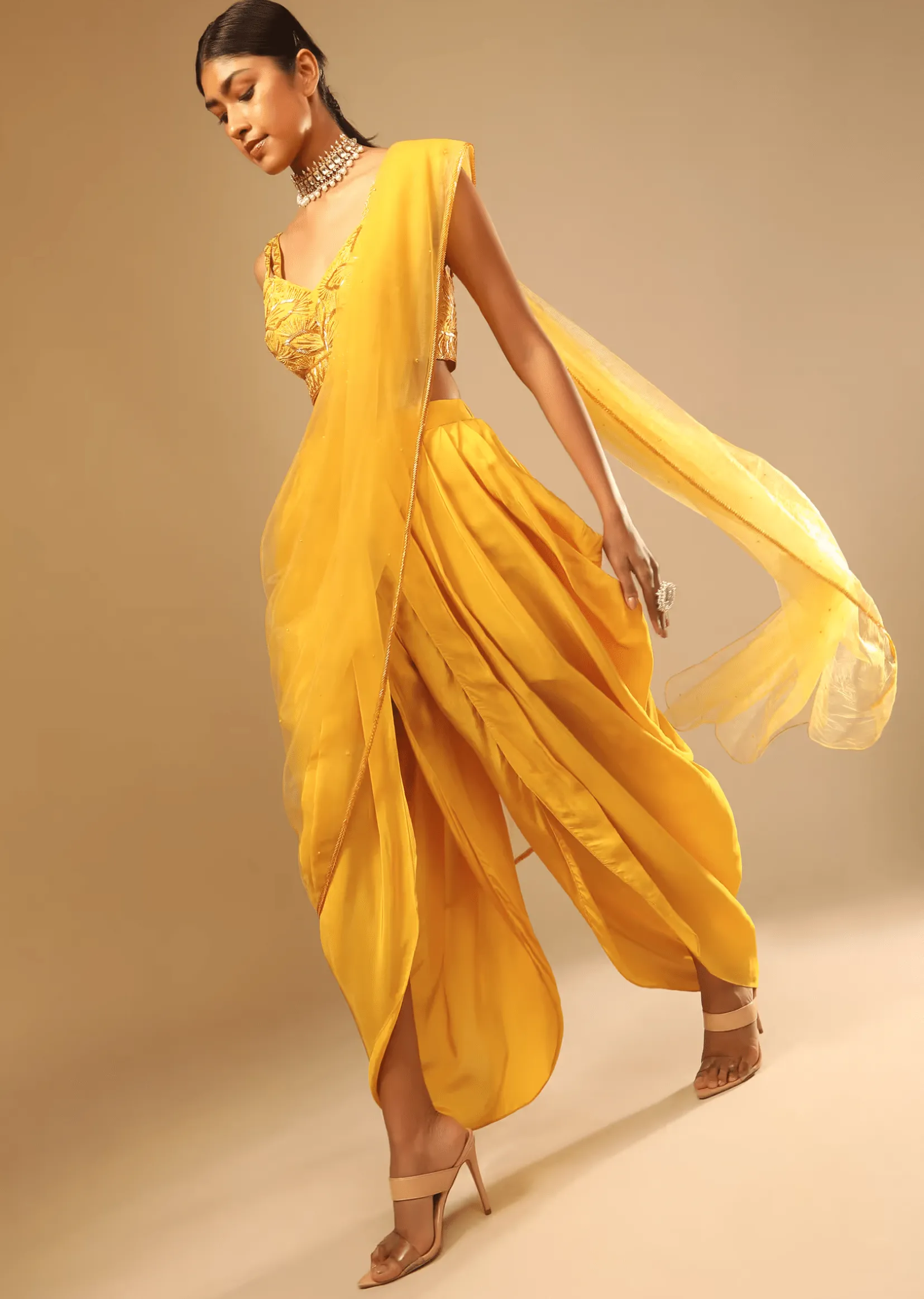 Corn Yellow Dhoti And Crop Top Suit With Hand Embroidered Leaf Motifs And A Matching Dupatta