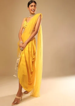 Corn Yellow Dhoti And Crop Top Suit With Hand Embroidered Leaf Motifs And A Matching Dupatta