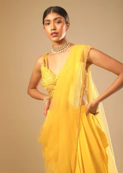 Corn Yellow Dhoti And Crop Top Suit With Hand Embroidered Leaf Motifs And A Matching Dupatta