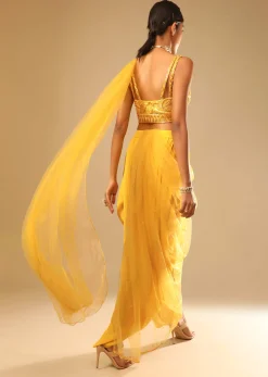 Corn Yellow Dhoti And Crop Top Suit With Hand Embroidered Leaf Motifs And A Matching Dupatta