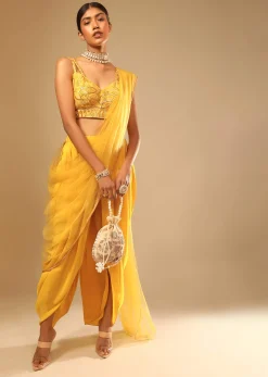 Corn Yellow Dhoti And Crop Top Suit With Hand Embroidered Leaf Motifs And A Matching Dupatta