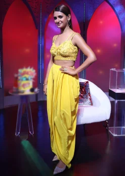 Corn Yellow Dhoti And Crop Top Suit With Hand Embroidered Leaf Motifs And A Matching Dupatta